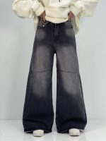 شلوار جین زنانه فول بگ زغالی با سنگشور صدفی