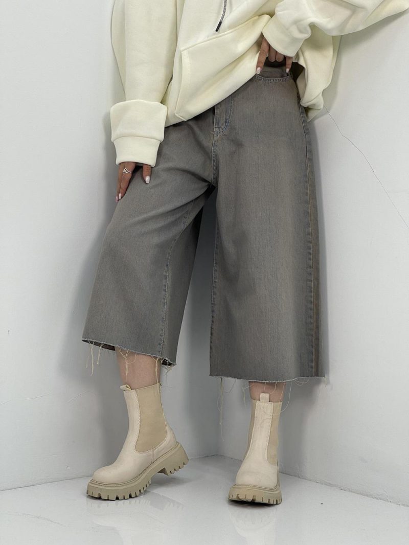 شلوار جین زنانه سوپر بگ کوتاه رنگ کرم