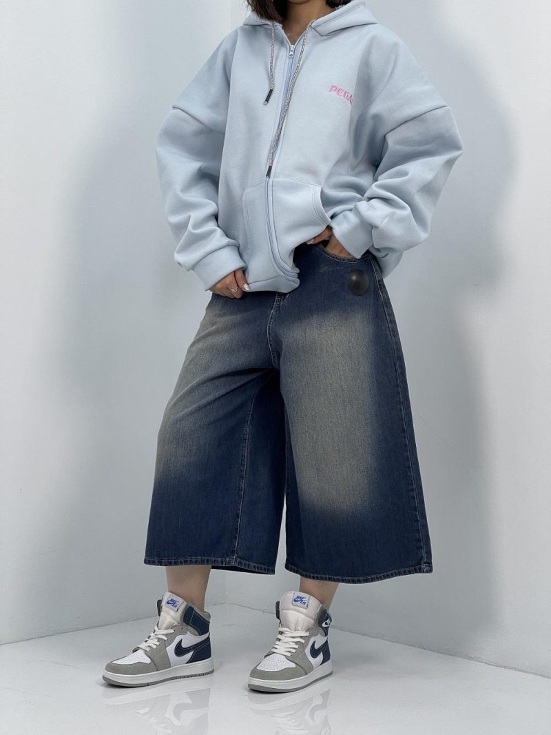 شلوار جین زنانه سوپر بگ کوتاه آبی سنگشور