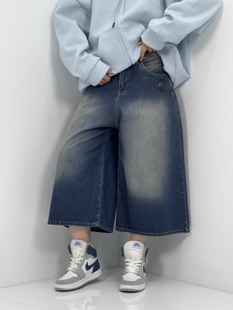 شلوار جین زنانه سوپر بگ کوتاه آبی سنگشور