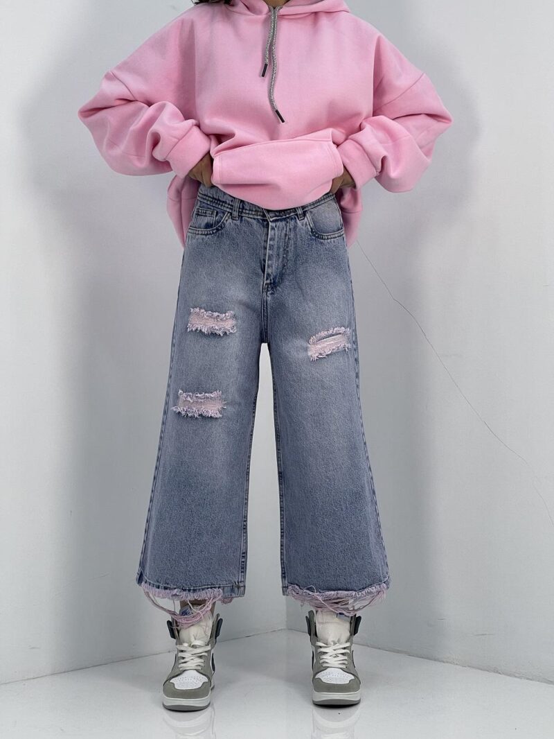 شلوار جین زنانه واید لگ آبی با سنگشور صدفی