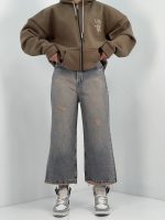 شلوار جین زنانه واید لگ آبی با سنگشور کرم