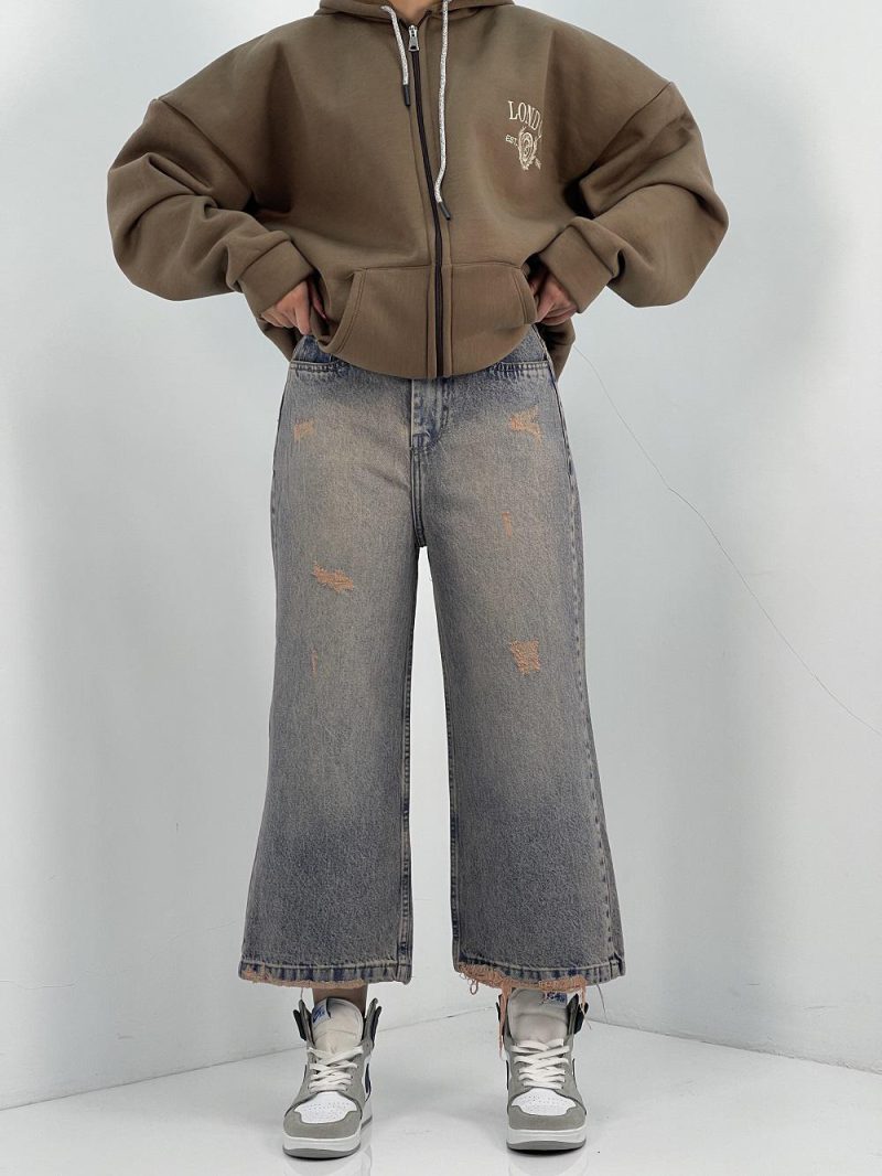 شلوار جین زنانه واید لگ آبی با سنگشور کرم