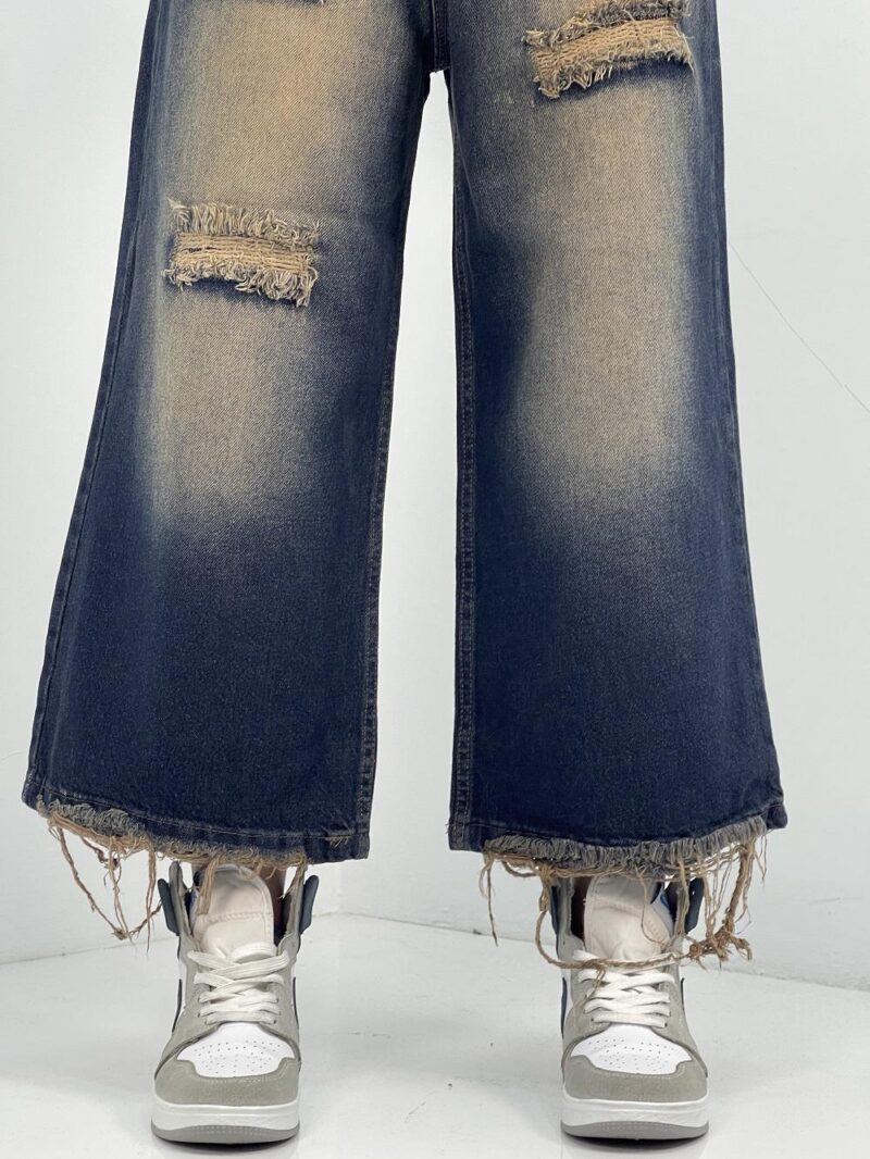 شلوار جین زنانه واید لگ سرمه ای با سنگشور کرم