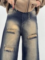 شلوار جین زنانه واید لگ سرمه ای با سنگشور کرم