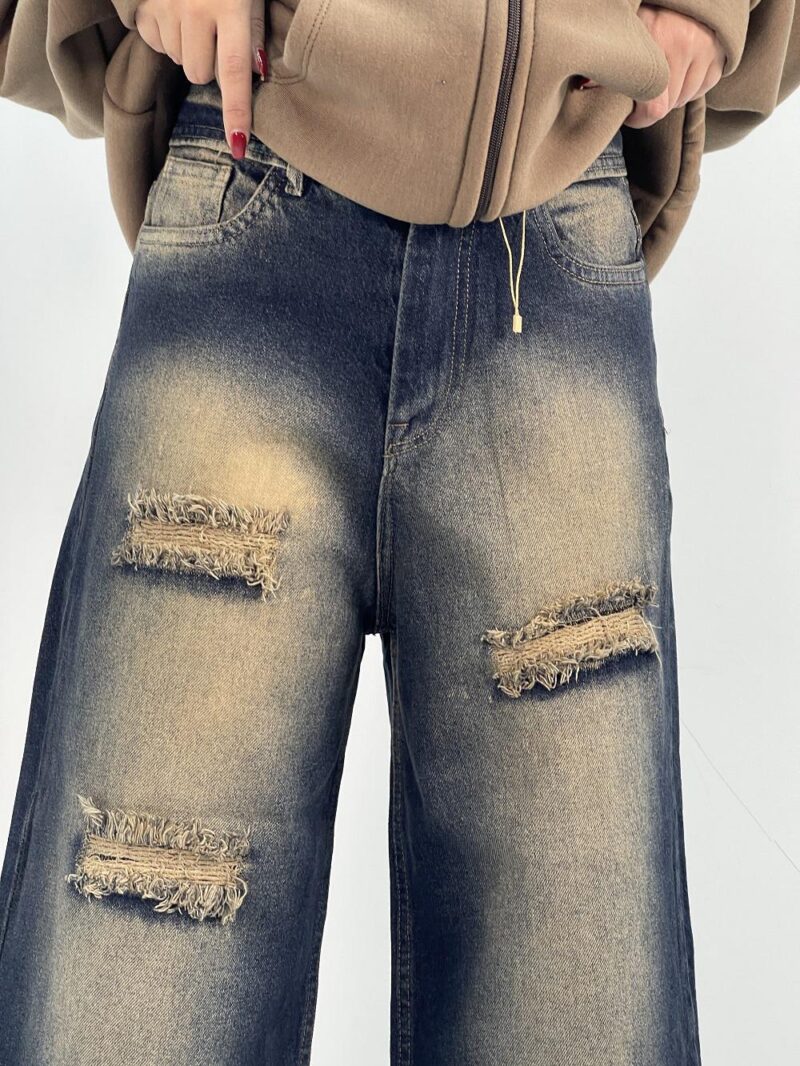 شلوار جین زنانه واید لگ سرمه ای با سنگشور کرم