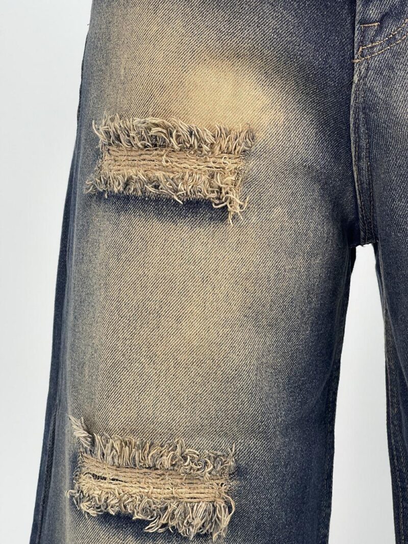 شلوار جین زنانه واید لگ سرمه ای با سنگشور کرم