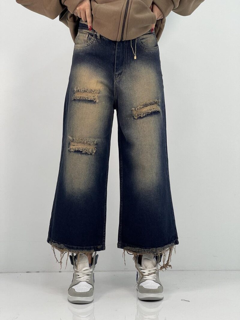 شلوار جین زنانه واید لگ سرمه ای با سنگشور کرم