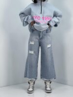شلوار جین زنانه واید لگ آبی یخی روشن