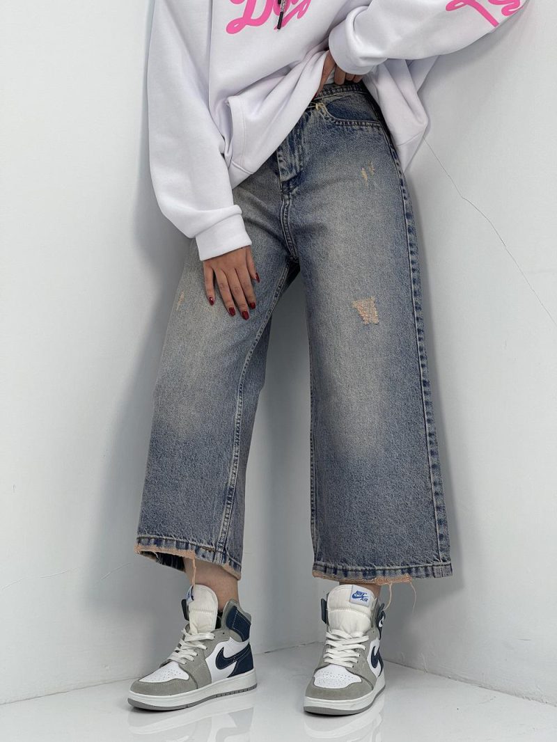 شلوار جی زنانه واید لگ آبی کثیف شور