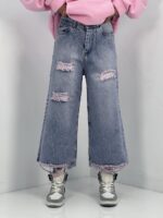 شلوار جین زنانه واید لگ آبی با سنگشور صدفی