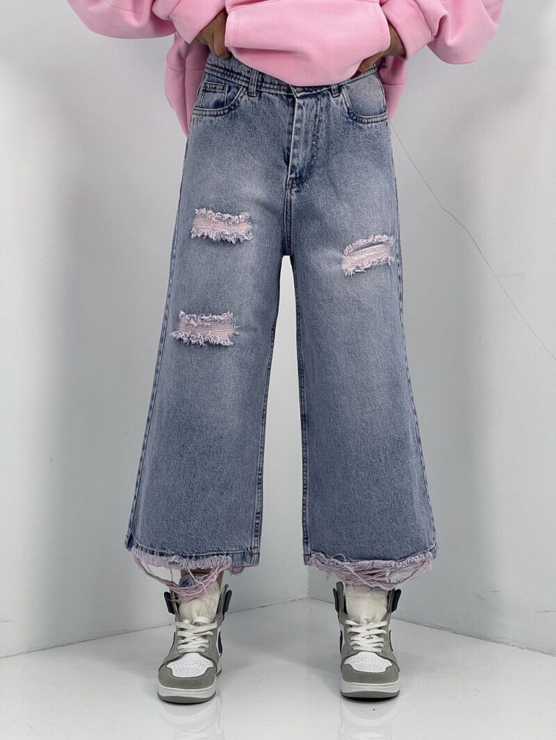 شلوار جین زنانه واید لگ آبی با سنگشور صدفی