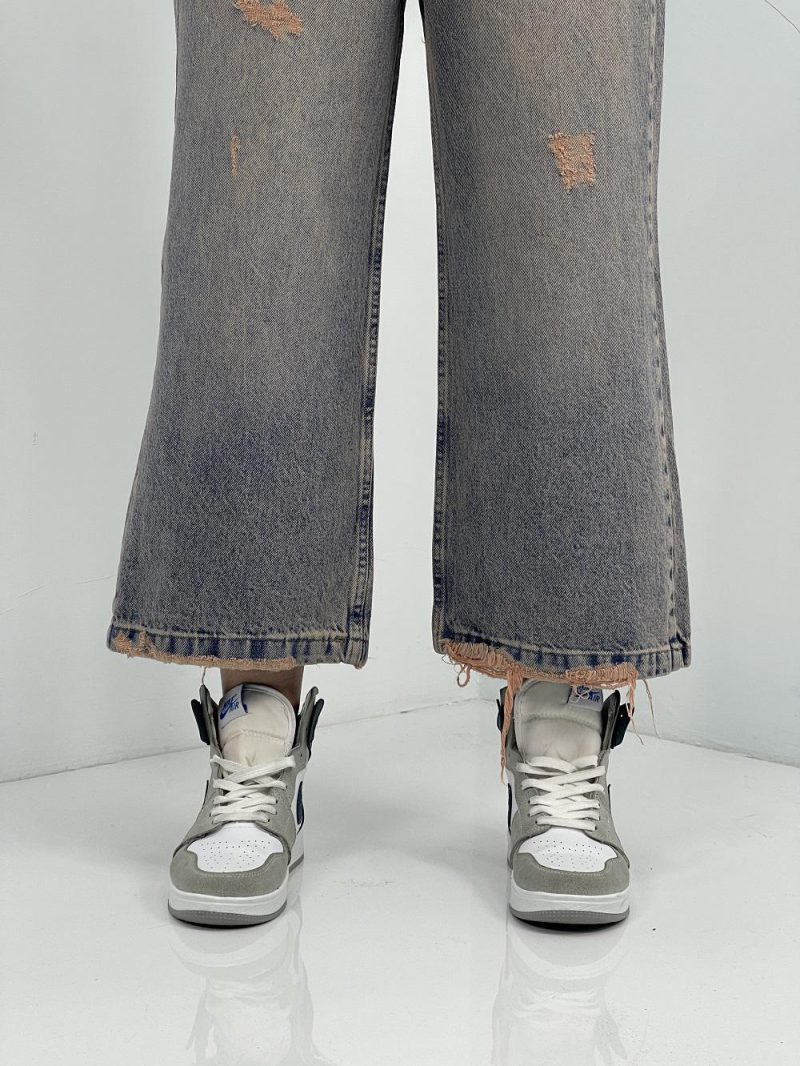 شلوار جین زنانه واید لگ آبی با سنگشور کرم