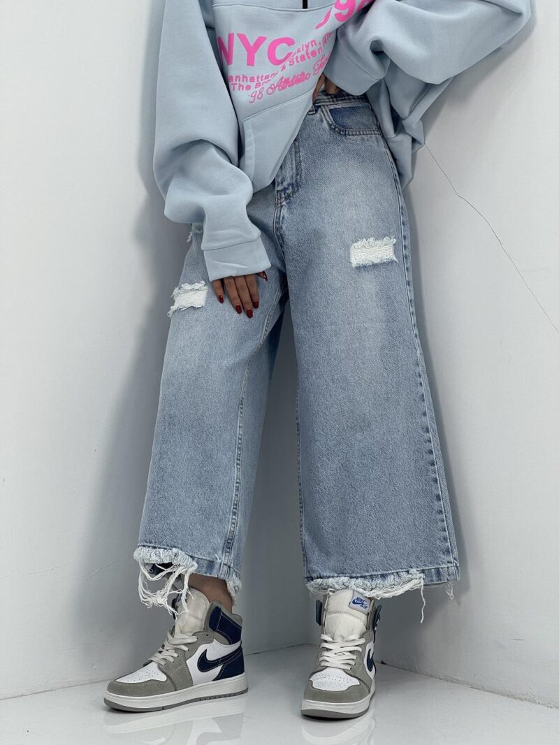 شلوار جین زنانه واید لگ آبی یخی روشن