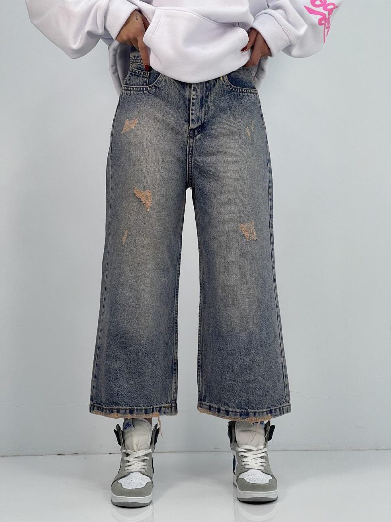 شلوار جی زنانه واید لگ آبی کثیف شور