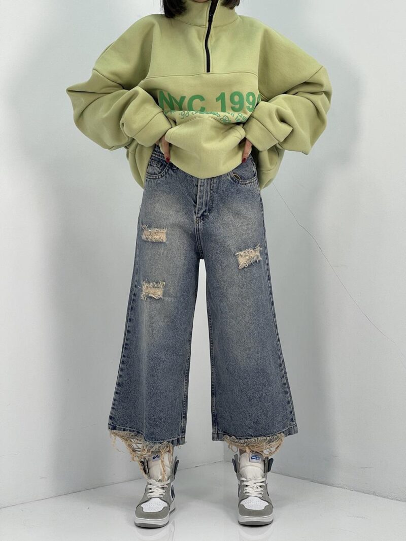 شلوار جین زنانه واید لگ آبی با سنگشور کرم