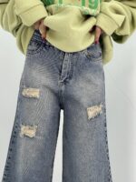 شلوار جین زنانه واید لگ آبی با سنگشور کرم