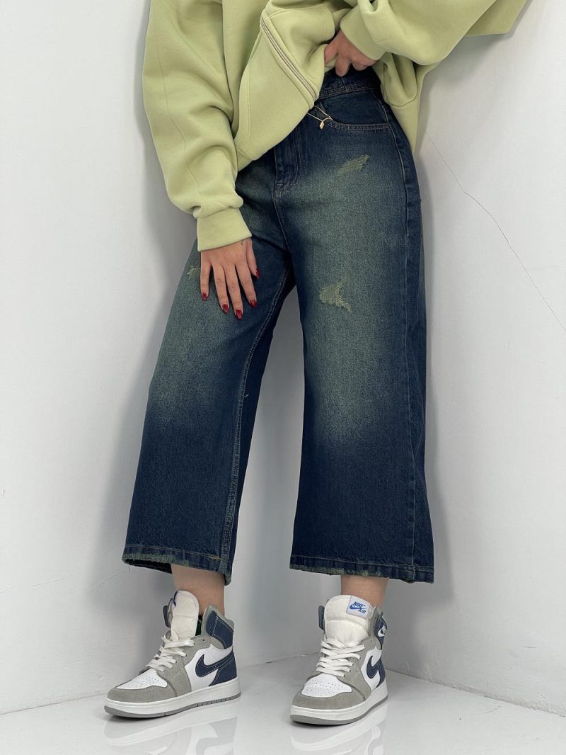 شلوار جین زنانه واید لگ با سنگشور سبز