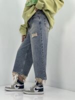 شلوار جین زنانه واید لگ آبی با سنگشور کرم