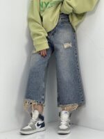 شلوار جین زنانه واید لگ آبی با سنگشور کرم