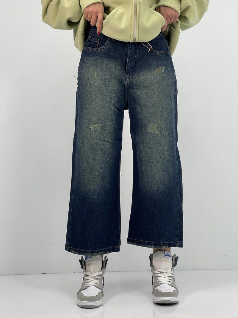 شلوار جین زنانه واید لگ با سنگشور سبز