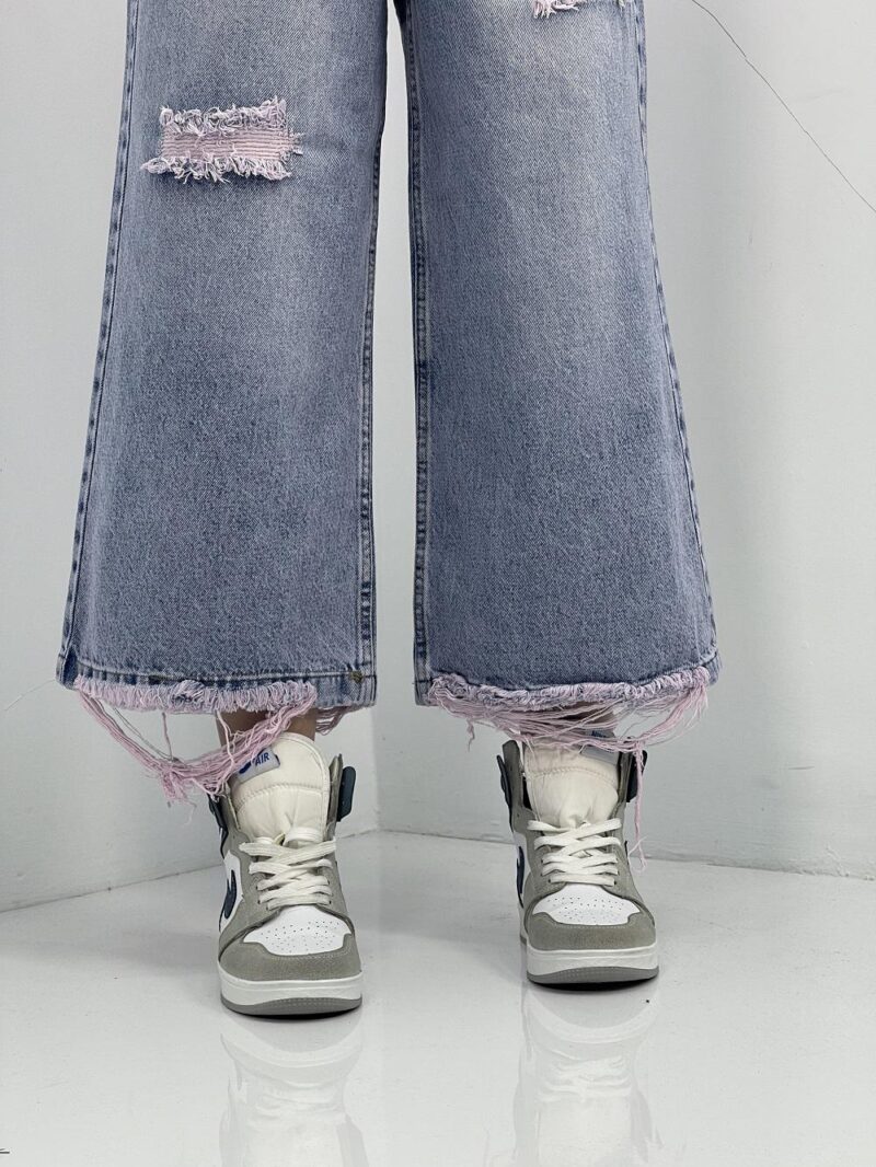 شلوار جین زنانه واید لگ آبی با سنگشور صدفی