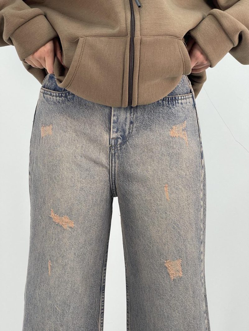 شلوار جین زنانه واید لگ آبی با سنگشور کرم