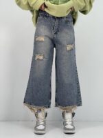 شلوار جین زنانه واید لگ آبی با سنگشور کرم