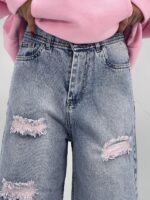 شلوار جین زنانه واید لگ آبی با سنگشور صدفی