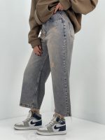 شلوار جین زنانه واید لگ آبی با سنگشور کرم