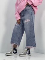 شلوار جین زنانه واید لگ آبی با سنگشور صدفی