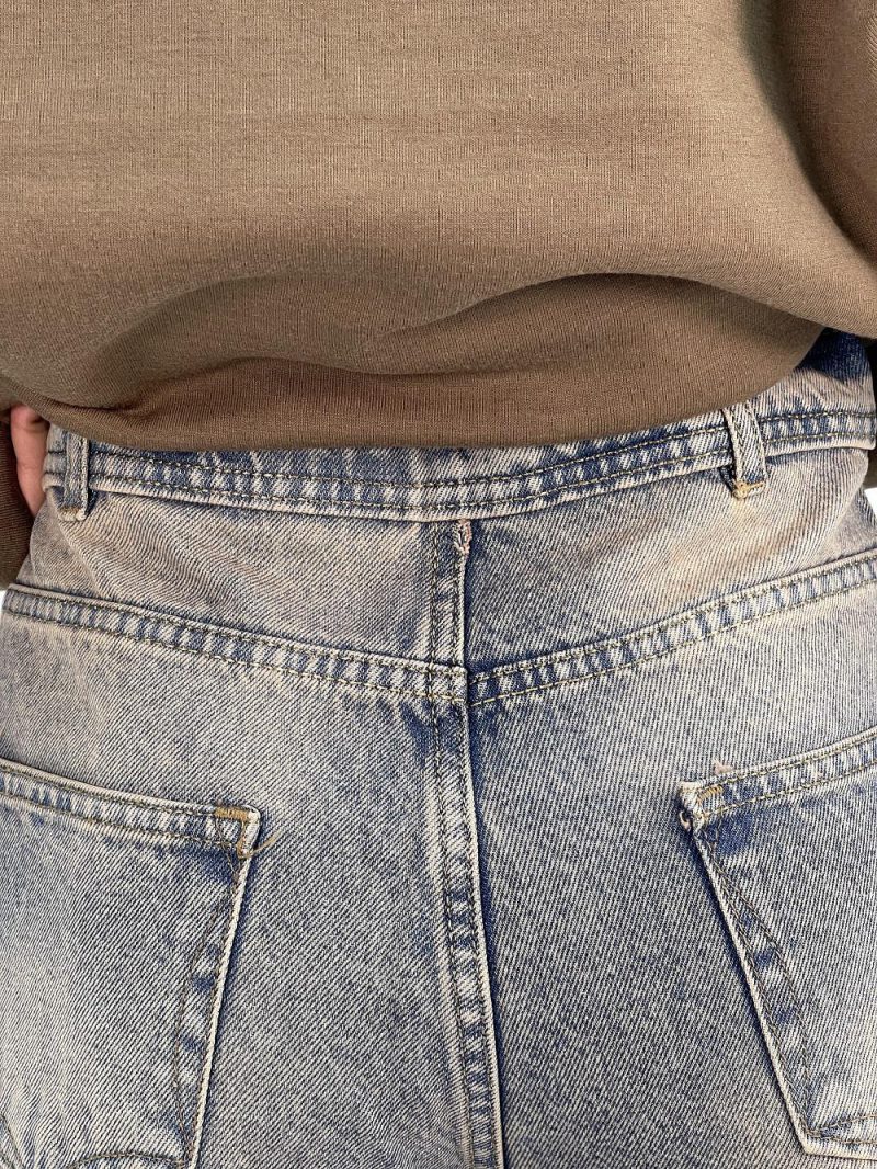 شلوار جین زنانه واید لگ آبی با سنگشور کرم