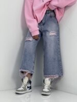 شلوار جین زنانه واید لگ آبی با سنگشور صدفی