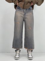 شلوار جین زنانه واید لگ آبی با سنگشور کرم