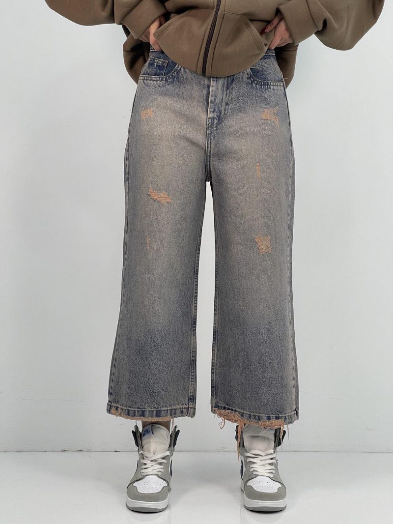 شلوار جین زنانه واید لگ آبی با سنگشور کرم