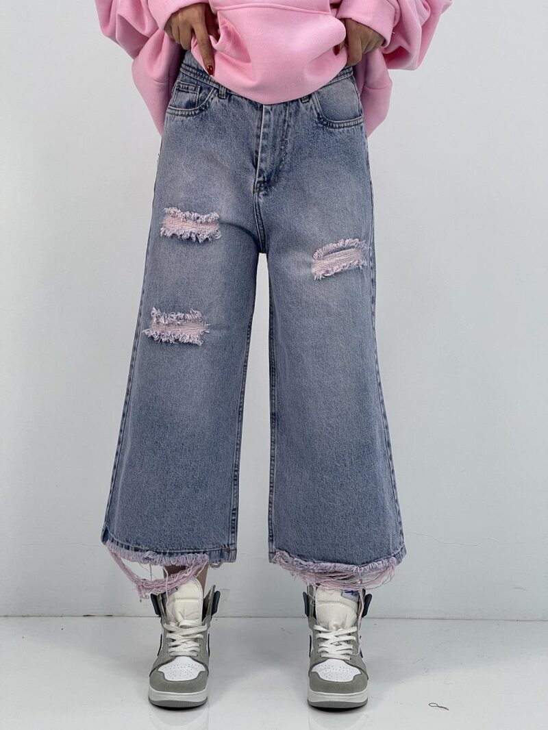 شلوار جین زنانه واید لگ آبی با سنگشور صدفی