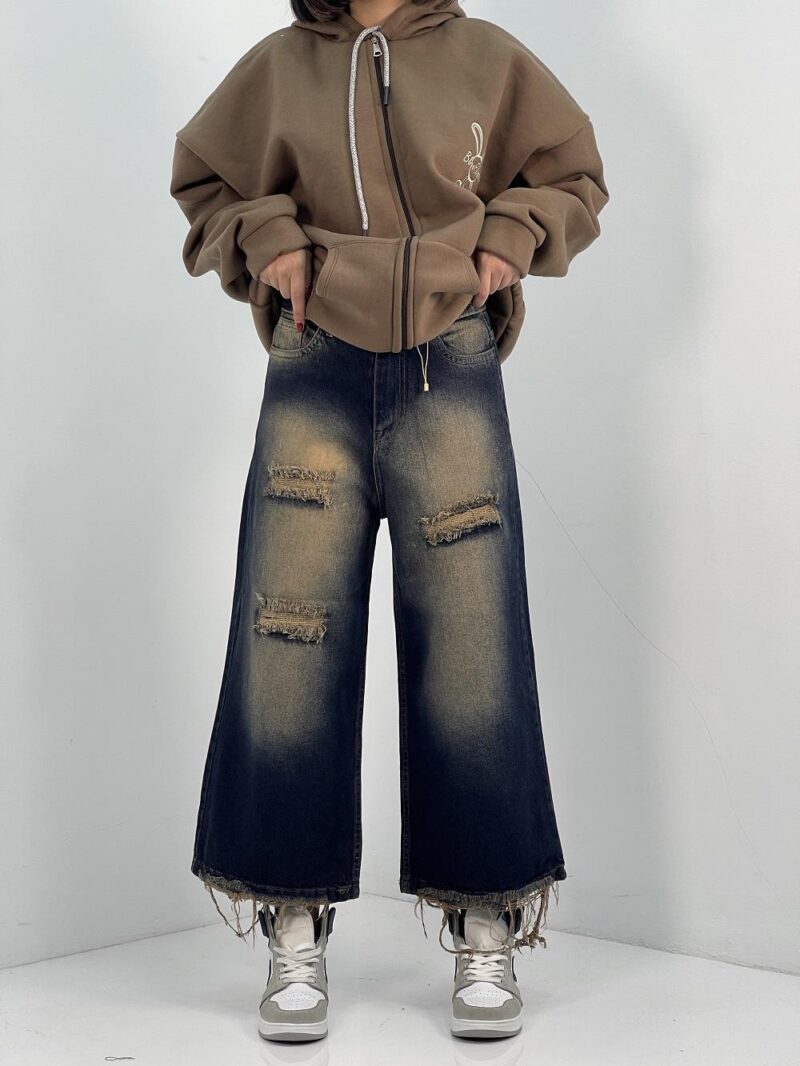 شلوار جین زنانه واید لگ سرمه ای با سنگشور کرم