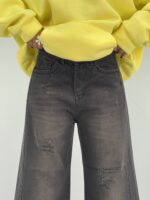 شلوار جین زنانه شافل بگ زغالی قهوه ای قد 90