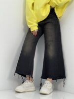 شلوار جین زنانه شافل بگ زغالی قهوه ای قد 90