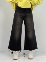 شلوار جین زنانه شافل بگ زغالی قهوه ای قد 90