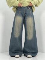 شلوار جین زنانه شافل سبز با سنگشور کرم