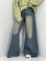 شلوار جین زنانه شافل سبز با سنگشور کرم
