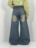 شلوار جین زنانه شافل سبز با سنگشور کرم