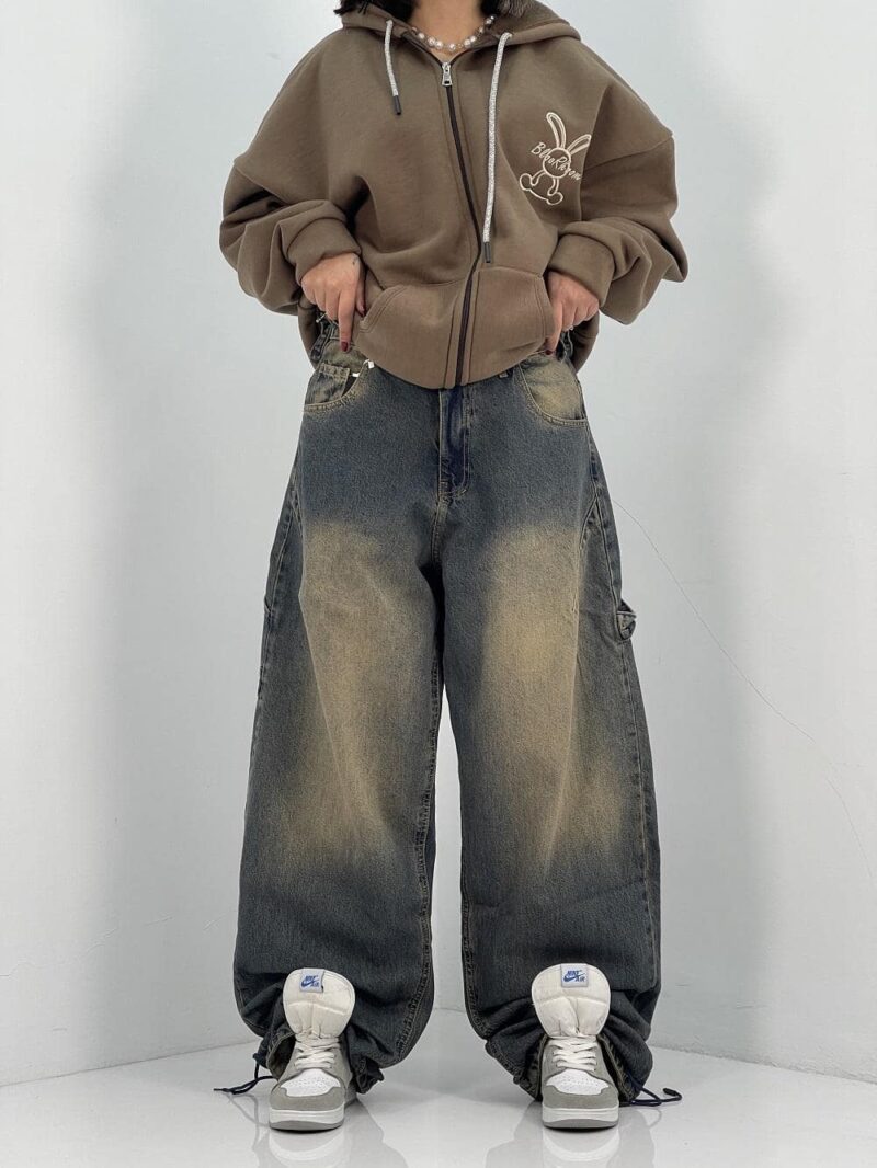 شلوار جین زنانه بالونی مکس کارپنتری آبی با سنگشور کرم