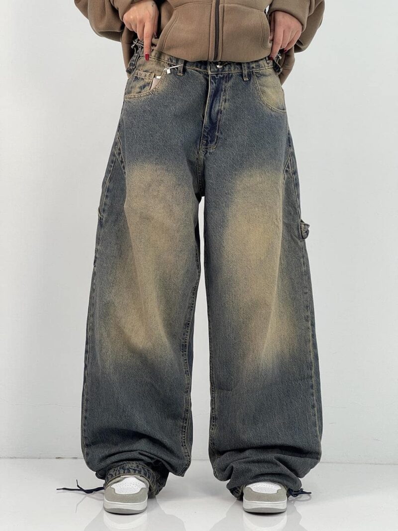 شلوار جین زنانه بالونی مکس کارپنتری آبی با سنگشور کرم