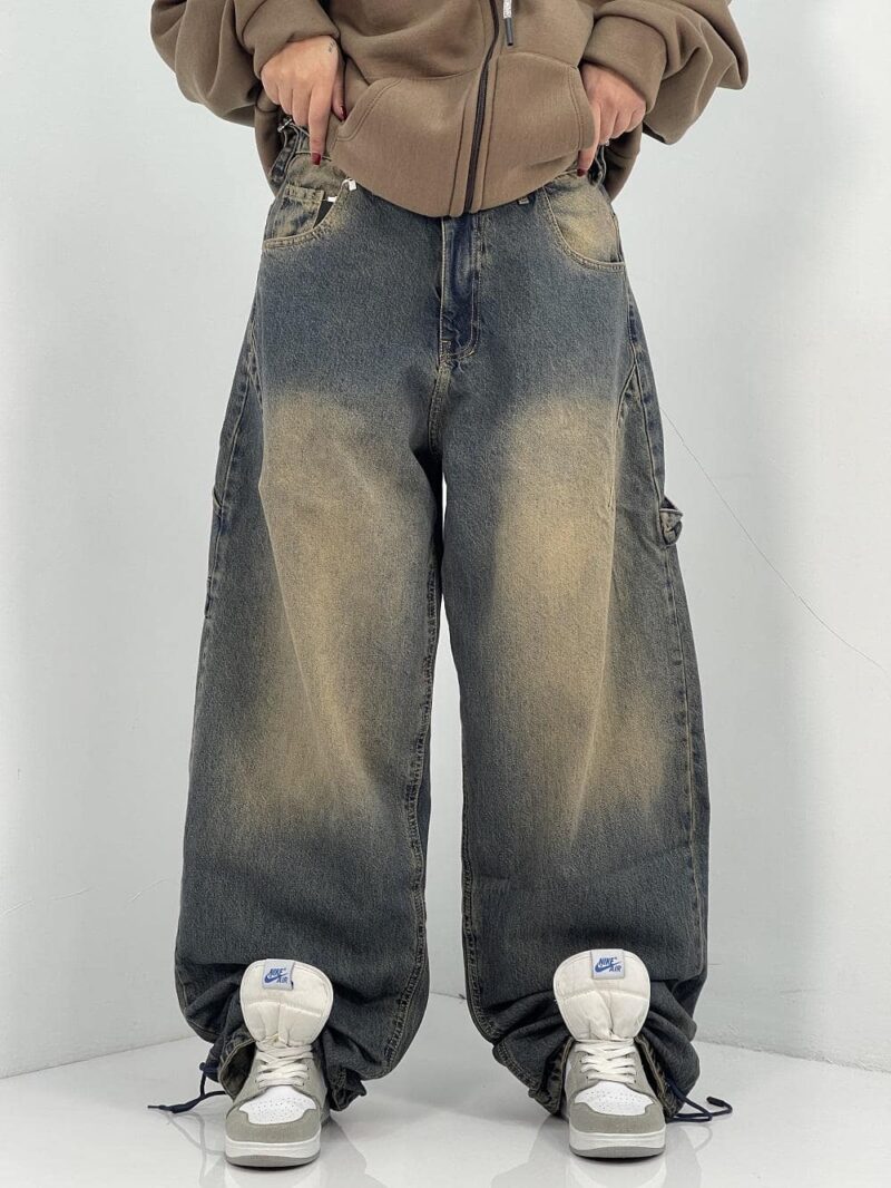 شلوار جین زنانه بالونی مکس کارپنتری آبی با سنگشور کرم