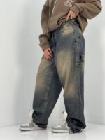 شلوار جین زنانه بالونی مکس کارپنتری آبی با سنگشور کرم