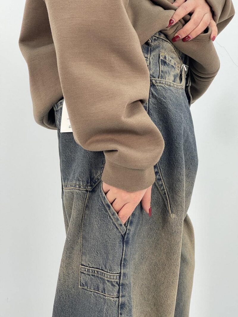 شلوار جین زنانه بالونی مکس کارپنتری آبی با سنگشور کرم