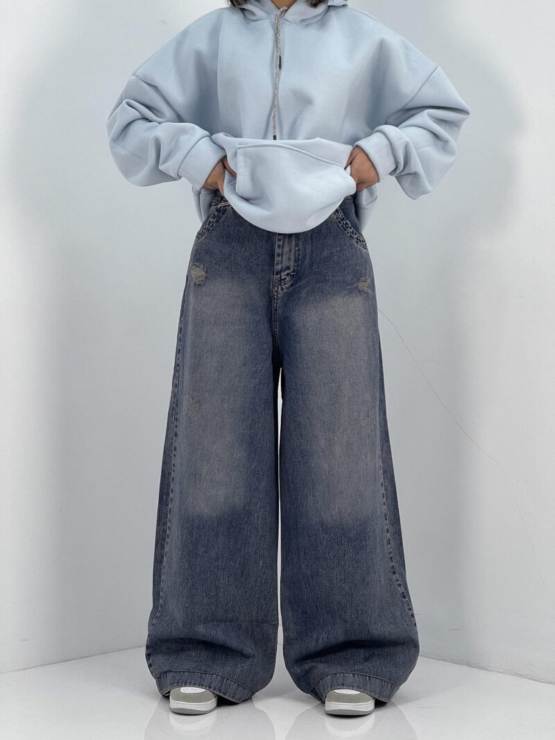 شلوار جین زنانه فول بگ آبی سنگشور سایز بزرگ