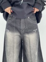 شلوار جین زنانه فول بگ زغالی با سنگشور صدفی